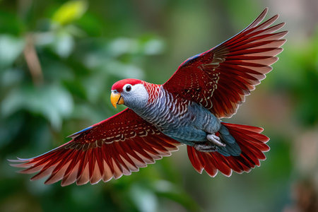 A colorful parrot with vibrant red and gray plumage in midflightの素材