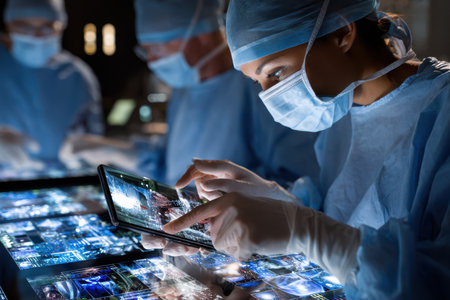 Surgeons analyze digital images and data on tablets while preparing for a surgical procedure.の素材
