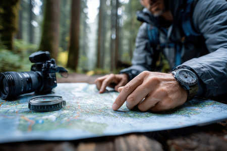 Person examines a detailed map while preparing for a hiking adventure in a lush green forest.の写真素材
