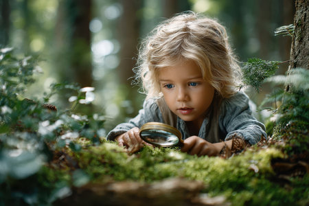 A curious child examines plants closely with a magnifying glass in a lush green forest.の素材