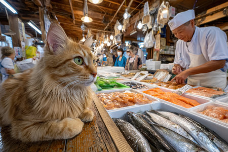 A vibrant shot of a bustling fish market in Japan, reflecting culture and commerce, under natural morning light, using a fisheye lens on a mirrorless camera, where a cat is seen observing a fishmonger.の写真素材