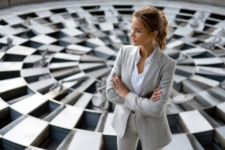 A businesswoman poses confidently in a gray suit above a striking geometric pattern in an urban area.の素材