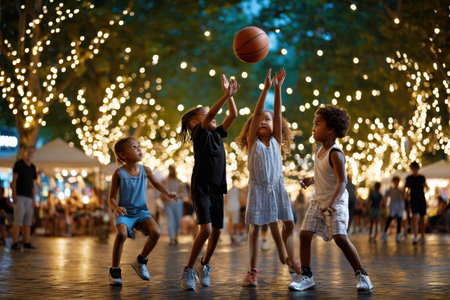Four children engage in an exciting game of basketball surrounded by beautiful string lights at night.の素材