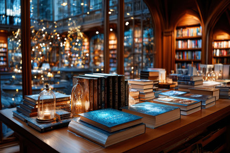 Books and candles arranged on a table in a warm, cozy bookstoreの素材
