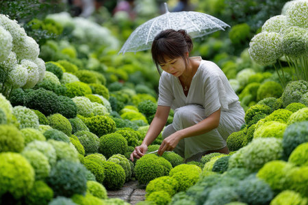 A woman enjoys a peaceful moment in a garden, carefully arranging green floral shapes while holding an umbrella.の素材