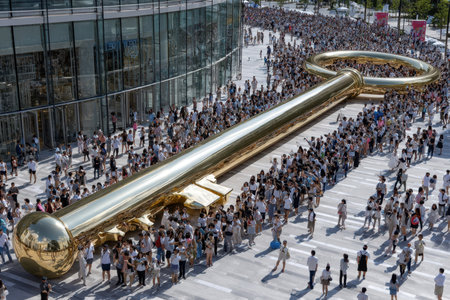People gather around a giant golden key displayed in a busy city square under clear blue sky.の素材