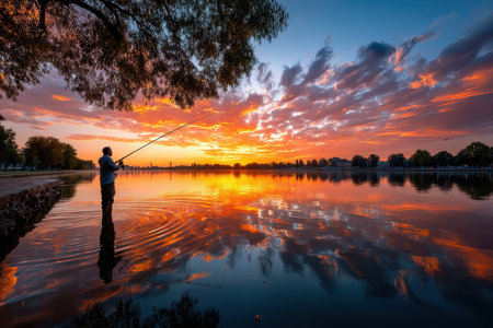 A person fishes at a tranquil lake during sunset, capturing stunning colors reflecting on the water.の素材