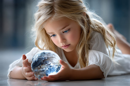 A child lies on the floor, mesmerized by a crystal globe depicting Earth, showing curiosity and wonder.の素材