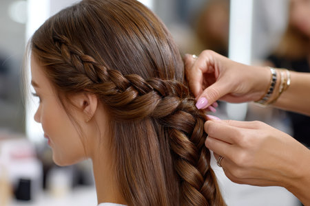A stylist intricately braids a client's long hair in a modern salon setting, showing skillful techniques.の素材