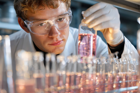 A scientist carefully evaluates a pink liquid in a flask during an experiment in the lab.の素材
