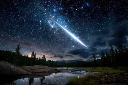 A bright shooting star illuminates the night sky above a calm lake surrounded by trees and mountains.の素材