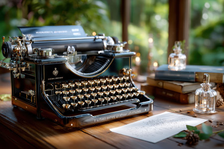A vintage typewriter sits on a wooden table with a handwritten letter, books, and candlesの素材