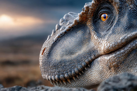 A detailed close-up of a dinosaur head reveals its textured skin and vibrant eye against a sunset backdrop.の素材