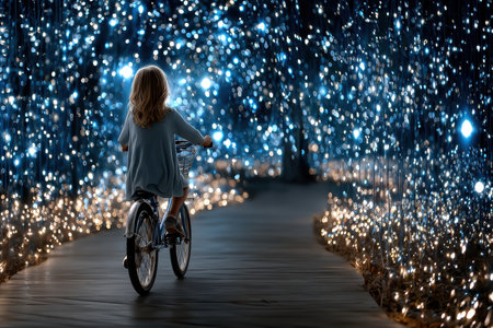 A young child pedals a bicycle along a wooden path illuminated by twinkling lights during nighttime.の素材
