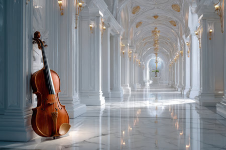 A cello leans against a wall in a stunning corridor filled with light, showcasing intricate architecture.の素材