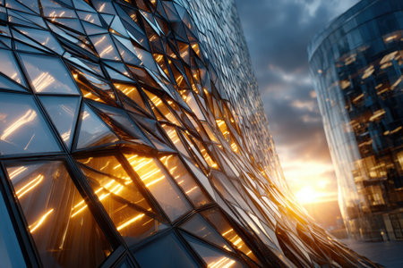 A modern glass building exterior with a geometric design at sunsetの素材