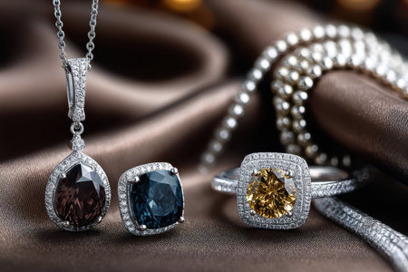 Closeup of a jewelry set displayed on brown silkの素材