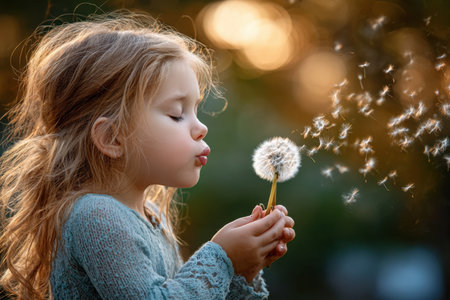 A young girl blows dandelion seeds in a sunlit outdoor settingの素材
