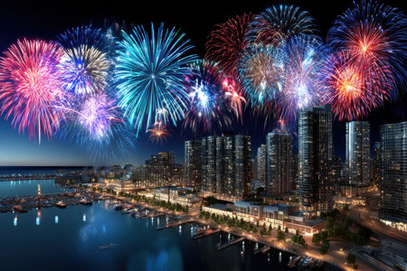 Fireworks explode over a modern city skyline and waterfront at nightの素材
