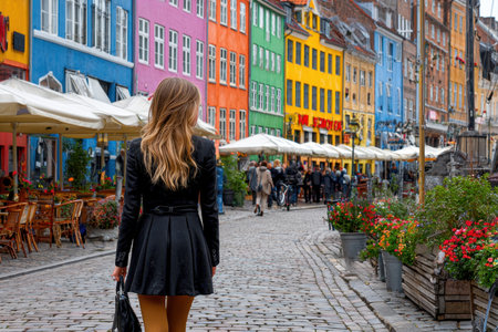 A woman walks through a lively street lined with brightly colored buildings and cafes on a sunny day.の素材