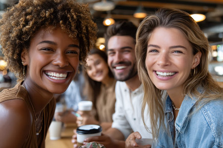 Five friends sit together in a cafe, sharing smiles and enjoying their drinks in a joyful atmosphere.の素材