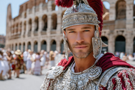 A reenactor in Roman armor stands confidently in front of the Colosseum, surrounded by tourists enjoying the day.の写真素材