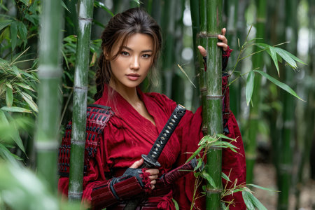 A young woman in a red warrior outfit stands confidently among tall bamboo, holding a sword and exuding strength.の写真素材