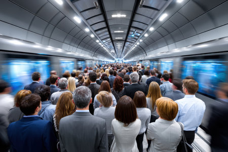 A crowd of people waits for a train on a subway platformの写真素材