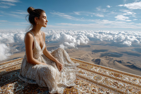 A woman gazes thoughtfully while seated on a colorful rug amidst clouds, surrounded by majestic mountains.の写真素材