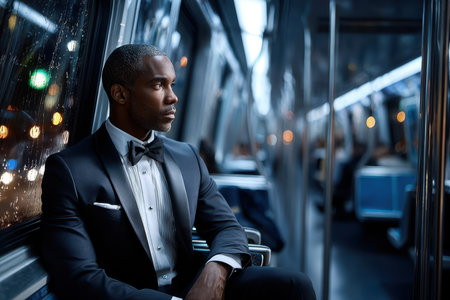 A well-dressed man sits quietly inside a bus, gazing out at the rain-soaked city lights at night.の写真素材