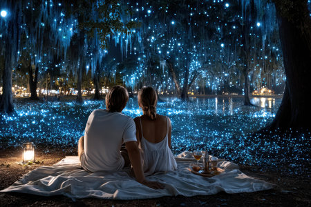 A couple sits close on a blanket, gazing at twinkling lights around the lake at night, creating a serene atmosphere.の写真素材