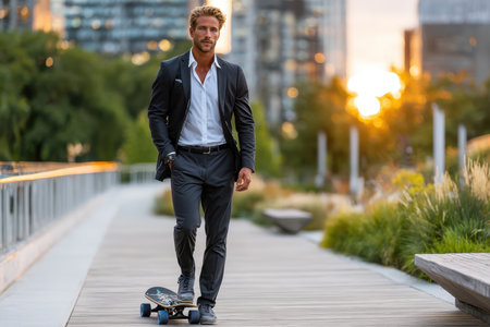 A man in a suit skillfully rides his skateboard along a landscaped path during sunset in a city park.の写真素材