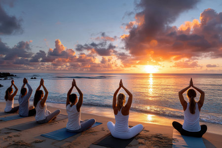 Groups of people practice yoga on the sandy beach as the sun sets over the ocean, creating a peaceful atmosphere.の写真素材