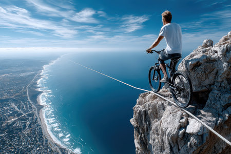 A cyclist carefully navigates on a rope at the edge of a rocky cliff, overlooking the stunning sea and coastline.の写真素材