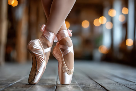 A ballet dancer in delicate pink pointe shoes stands en pointe on a wooden floor, showing elegance.の写真素材