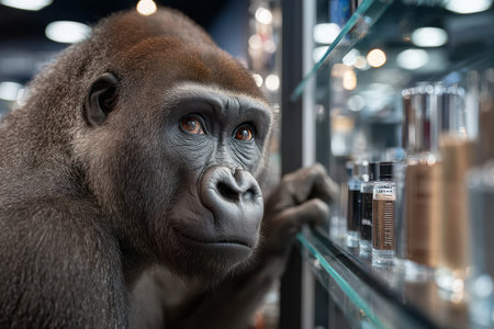 A gorilla observes various beauty items displayed on shelves in a contemporary store setting.の素材
