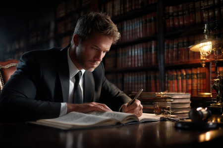 A man in a suit is focused on writing notes in a dimly lit library surrounded by countless books.の素材