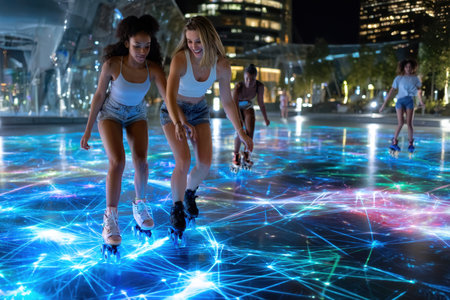A group of friends skates together on a beautifully lit rink surrounded by modern buildings at night.の素材