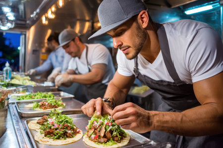 Chef carefully assembles fresh tacos with vibrant toppings at a bustling food truck during twilight.の素材