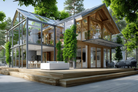 A sleek modern glass house with wooden accents is set amidst vibrant trees and peaceful surroundings.の素材