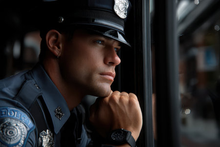 A police officer gazes thoughtfully out the window, deep in reflection during the evening shift.の素材