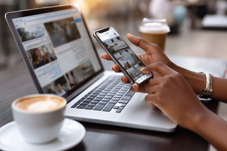 Person uses a smartphone to navigate social media while sipping coffee in a cozy cafe setting.の素材