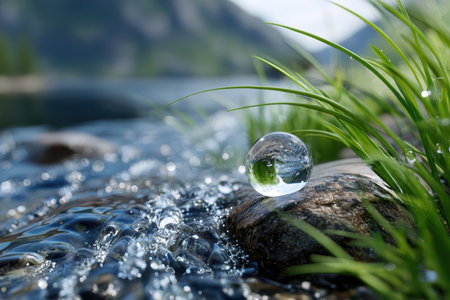 A clear water droplet sits on a smooth stone near a flowing stream surrounded by grass and mountains.の素材