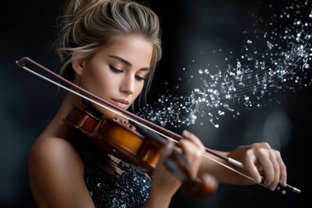 A young woman plays the violin gracefully while gentle music notes swirl around her in the air.の素材