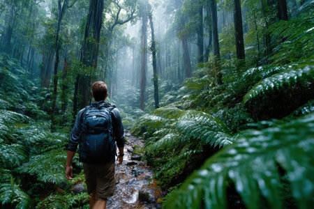 A person walks along a rocky path surrounded by tall trees and dense green foliage, enjoying nature's tranquility.の素材