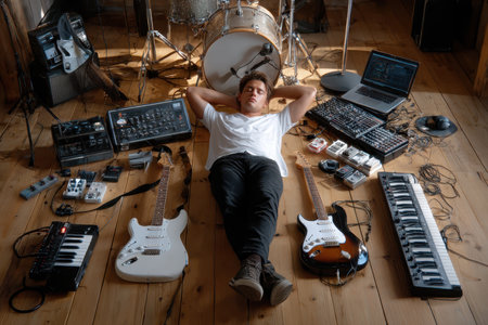Music creator takes a break, surrounded by guitars, keyboards, and recording gear in a studio setting.の素材