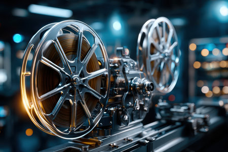 A vintage film projector is highlighted in a cinematic studio, showing its intricate details and craftsmanship.の素材