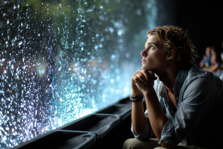 A young man leans contemplatively against a window, mesmerized by rain as people gather nearby.の素材