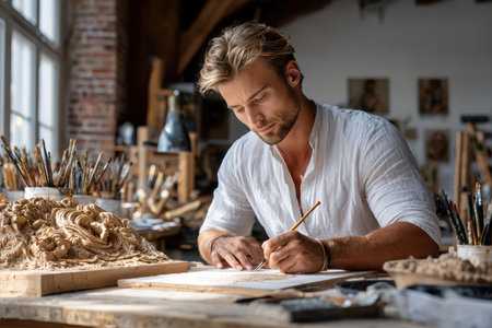 A sculptor works intently on his design, surrounded by tools and clay, in a sunlit creative workshop environment.の素材