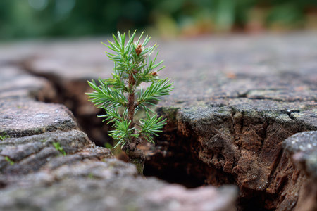 A small green sprout breaks through a crack in an old wooden surface, symbolizing resilience and growth.の素材